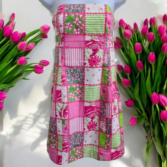 Lilly Pulitzer ✦ Strapless Patchwork Dress ✦ Pink Green Floral Stripe Cotton 2 - Picture 3 of 14